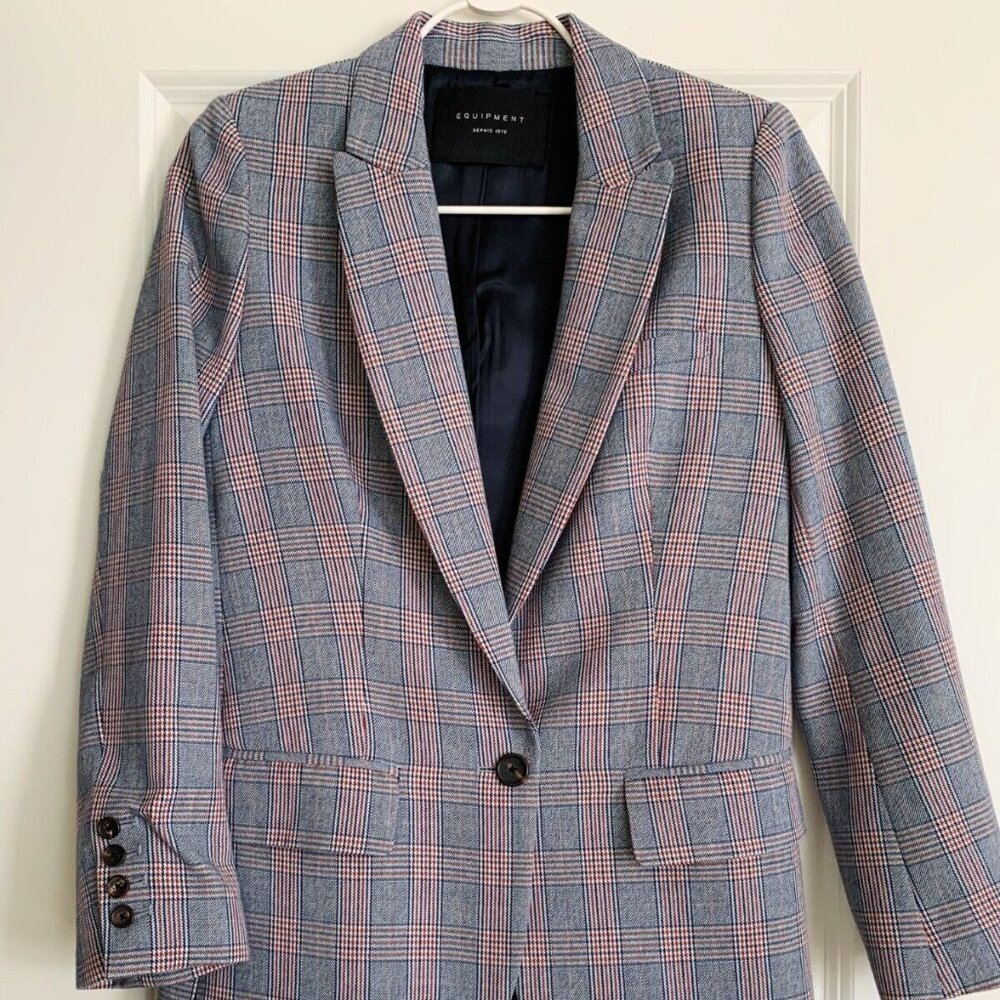 Women's Equipment Jeanne Wool Blend Check Plaid Blazer in Blue Multi Size 4